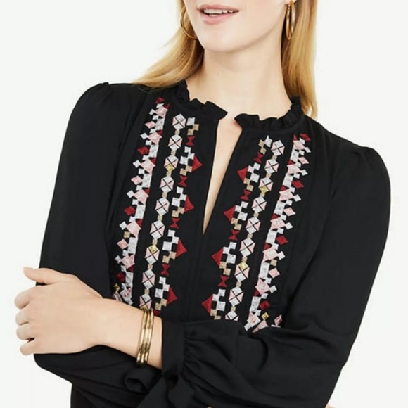 Ann Taylor Embroidered Dress Black Tie Sleeve Split Neck Size 0P - Picture 2 of 14